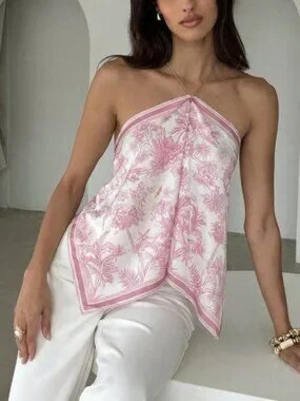 Dusty Pink Boho Women's Elegant satin Printed Halter Neck Top